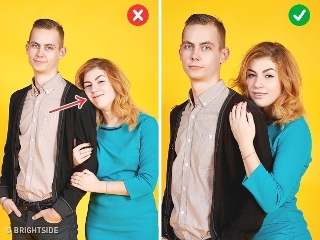 Fotografie, při které máte hlavu na partnerově rameni - to není dobrý nápad. Raději se postavte za partnera a k němu se jen zlehka přitiskněte.