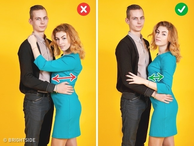 Při fotografování v této póze nepokládejte ruku na partnerovo rameno - vaše ramena budou vypadat zbytečně velká.