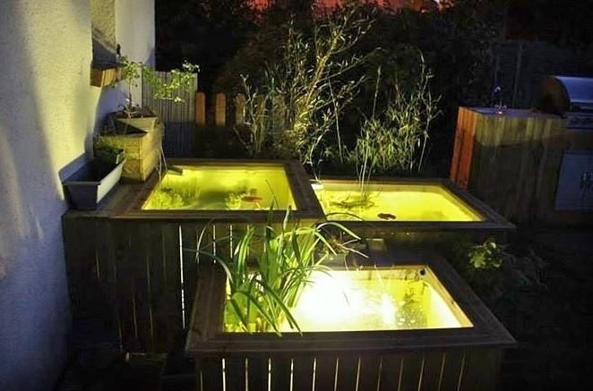 A takhle zahradní jezírko vypadá v noci.
